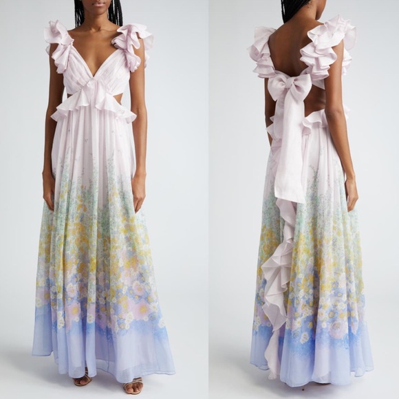 Zimmermann Floral Ruffle Linen & Silk Gown Maxi Dress Blue Meadow US 8 NWT